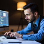 osman gunes cizmeci wearing a blue long sleeve button down shirt, a black vest and a black tie at his computer desk, coding UX design elements