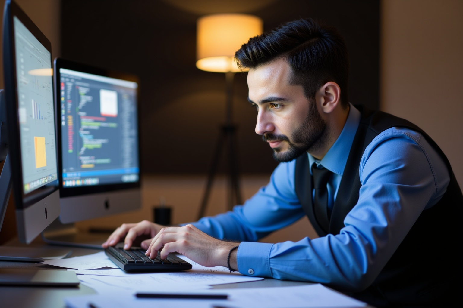 osman gunes cizmeci wearing a blue long sleeve button down shirt, a black vest and a black tie at his computer desk, coding UX design elements